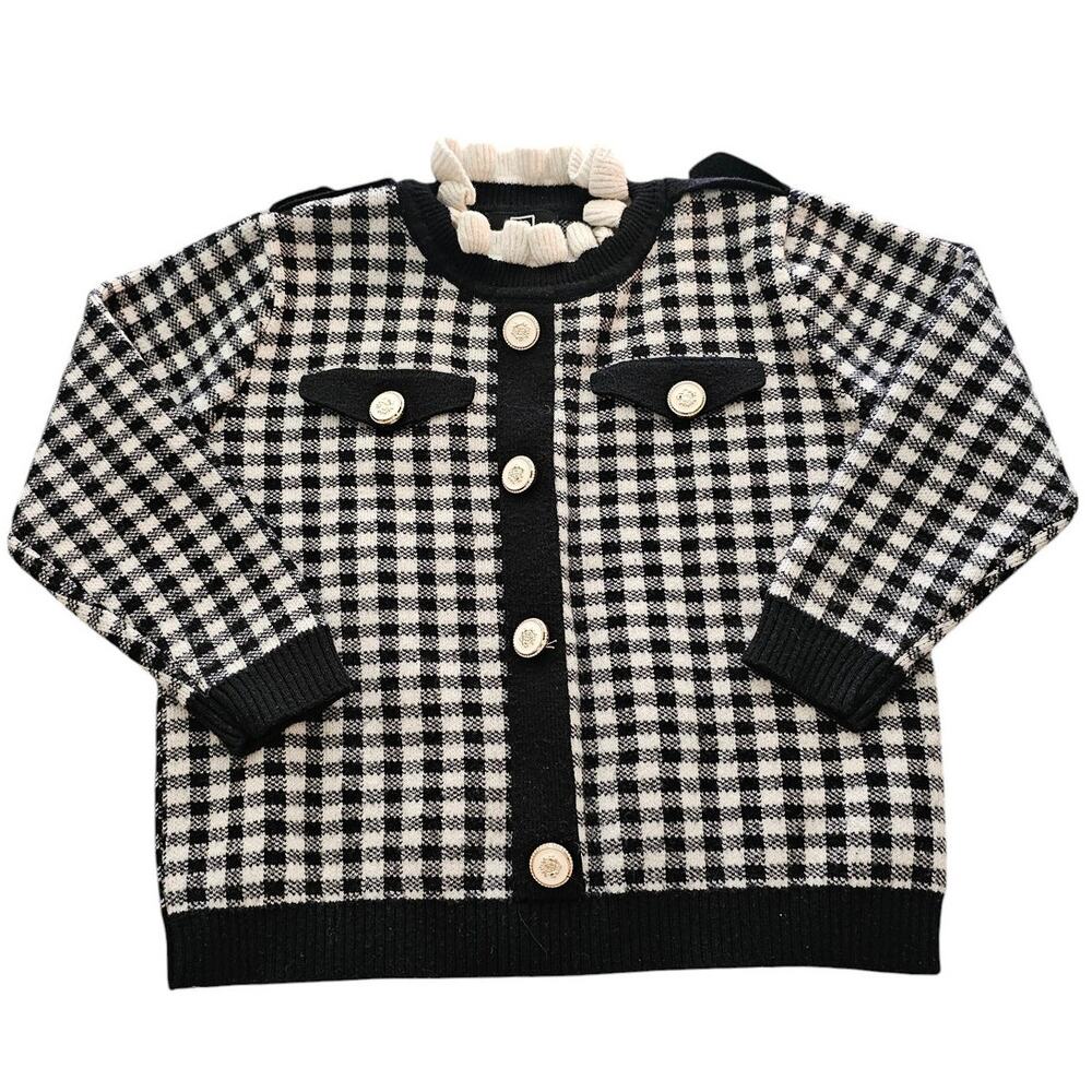 Vintage Y2K Girls Sz 6/7 Cardigan Sweater Black White Gingham Academia Core